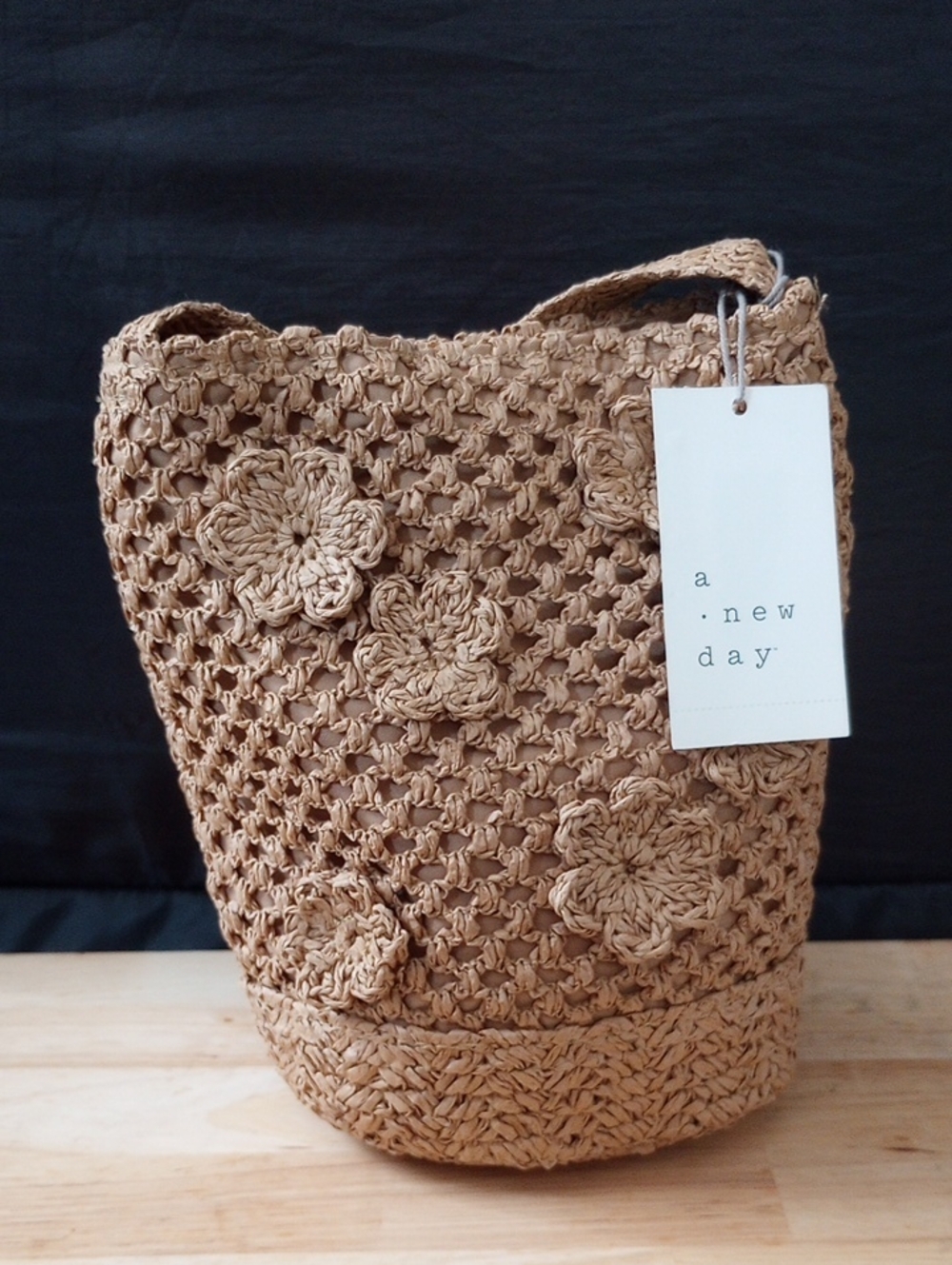 a new day Crochet Floral Bucket Bag in Beige